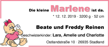 Babyanzeige von Marlene Reinen von Nordwest-Zeitung