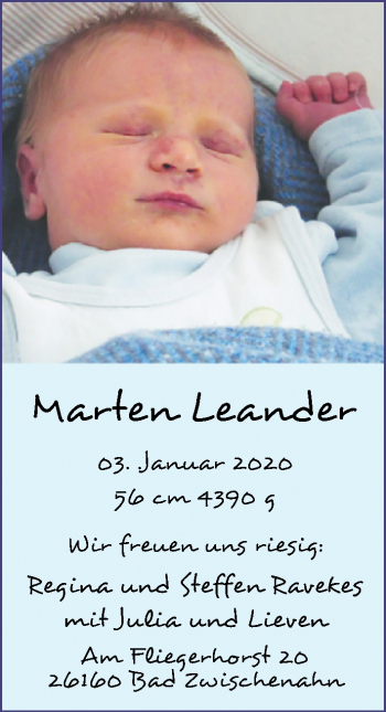 Babyanzeige von Marten Leander  von Nordwest-Zeitung