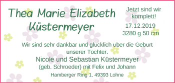 Babyanzeige von Thea Marie Elizabeth Küstermeyer von Nordwest-Zeitung