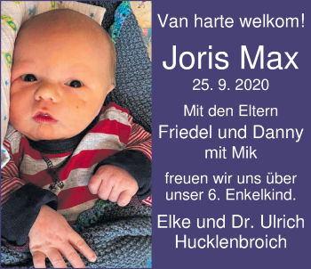 Babyanzeige von Joris Max de Vries von Nordwest-Zeitung