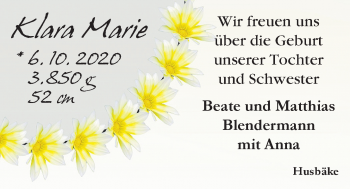 Babyanzeige von Klara Marie Blendermann von Nordwest-Zeitung
