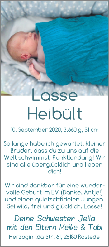 Babyanzeige von Lasse Heibült von Nordwest-Zeitung