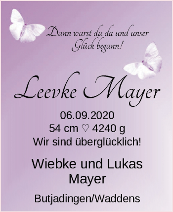 Babyanzeige von Leevke Mayer von Nordwest-Zeitung