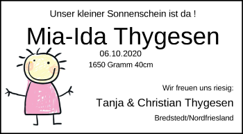 Babyanzeige von Mia-Ida Thygesen von Nordwest-Zeitung