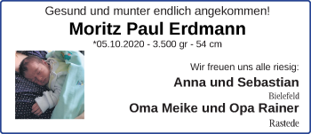 Babyanzeige von Moritz Paul Erdmann von Nordwest-Zeitung