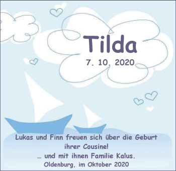 Babyanzeige von Tilda Sperlich von Nordwest-Zeitung