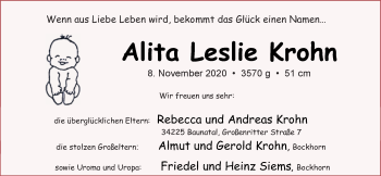 Babyanzeige von Alita Leslie Krohn von Nordwest-Zeitung