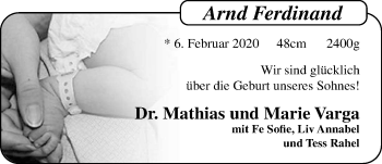 Babyanzeige von Arnd Ferdinand von Nordwest-Zeitung