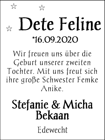Babyanzeige von Dete Feline Bekaan von Nordwest-Zeitung