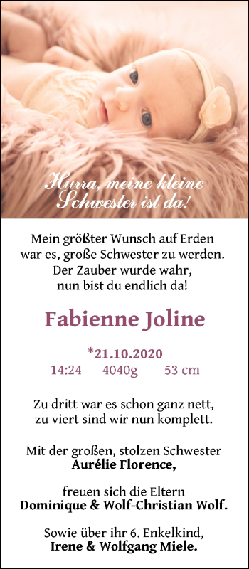 Babyanzeige von Fabienne Joline Wolf von Nordwest-Zeitung