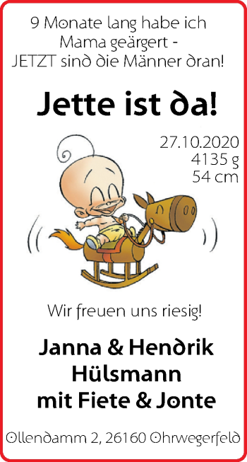 Babyanzeige von Jette Hülsmann von Nordwest-Zeitung