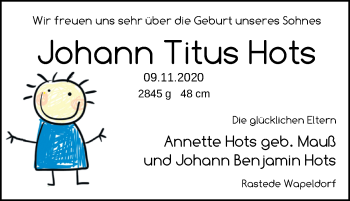 Babyanzeige von Johann Titus Hots von Nordwest-Zeitung