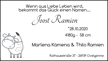 Babyanzeige von Joost Ramien von Nordwest-Zeitung