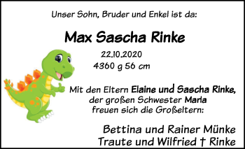 Babyanzeige von Max Sascha Rinke von Nordwest-Zeitung
