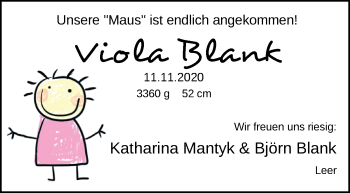 Babyanzeige von Viola Blank von Nordwest-Zeitung