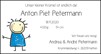 Babyanzeige von Anton Piet Petermann von Nordwest-Zeitung