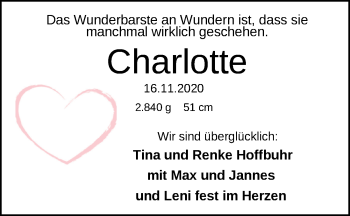 Babyanzeige von Charlotte  von Nordwest-Zeitung
