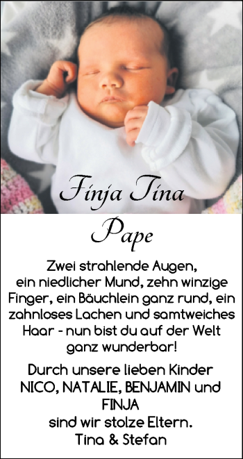 Babyanzeige von Finja Tina Pape von Nordwest-Zeitung