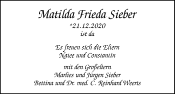 Babyanzeige von Matilda Frieda Sieber von Nordwest-Zeitung