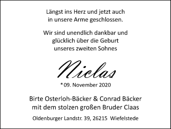 Babyanzeige von Niclas  von Nordwest-Zeitung