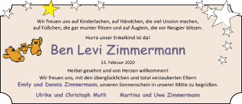 Babyanzeige von Ben Levi Zimmermann von Nordwest-Zeitung