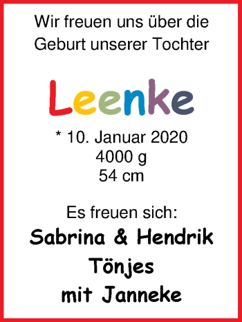 Babyanzeige von Leenke Tönjes von Nordwest-Zeitung