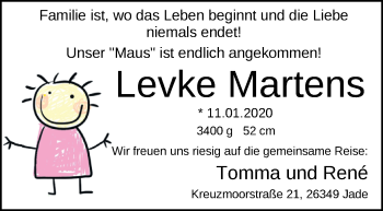 Babyanzeige von Levke Martens von Nordwest-Zeitung