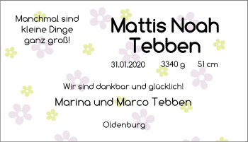 Babyanzeige von Mattis Noah Tebben von Nordwest-Zeitung