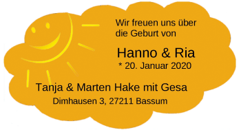 Babyanzeige von Hanno & Ria Hake von Nordwest-Zeitung