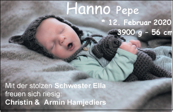 Babyanzeige von Hanno Pepe Hamjediers von Nordwest-Zeitung