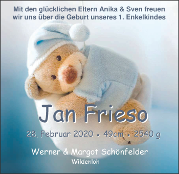 Babyanzeige von Jan Frieso  von Nordwest-Zeitung