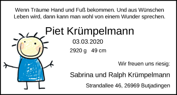 Babyanzeige von Piet Krümpelmann von Nordwest-Zeitung
