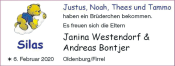 Babyanzeige von Silas  von Nordwest-Zeitung