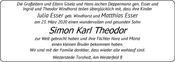 Babyanzeige von Simon Karl Theodor  von Nordwest-Zeitung
