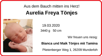 Babyanzeige von Aurelia Freya Tönjes von Nordwest-Zeitung