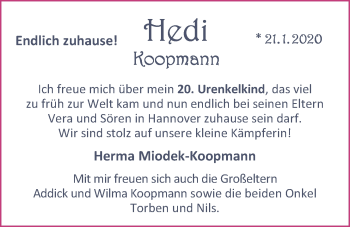 Babyanzeige von Hedi Koopmann von Nordwest-Zeitung