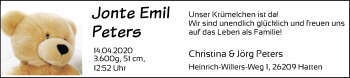 Babyanzeige von Jonte Emil Peters von Nordwest-Zeitung