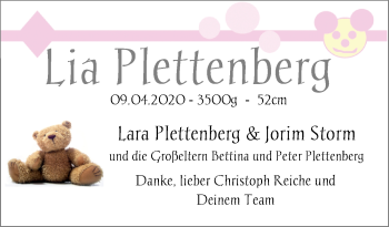 Babyanzeige von Lia Plettenberg von Nordwest-Zeitung
