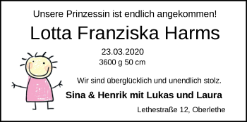 Babyanzeige von Lotta Franziska Harms von Nordwest-Zeitung