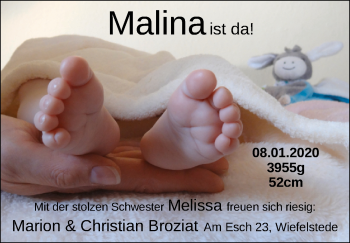 Babyanzeige von Malina Broziat von Nordwest-Zeitung