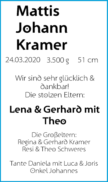 Babyanzeige von Mattis Johann Kramer von Nordwest-Zeitung