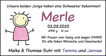 Babyanzeige von Merle Suhr von Nordwest-Zeitung