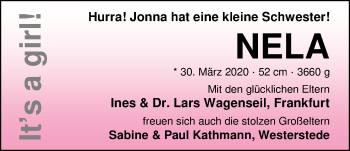 Babyanzeige von Nela Wagenseil von Nordwest-Zeitung