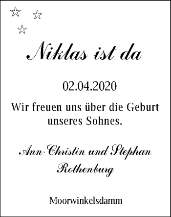 Babyanzeige von Niklas Rothenburg von Nordwest-Zeitung