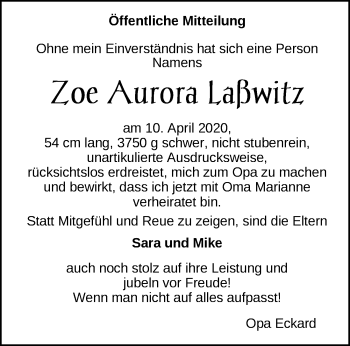 Babyanzeige von Zoe Aurora Laßwitz von Nordwest-Zeitung