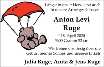 Babyanzeige von Anton Levi Ruge von Nordwest-Zeitung