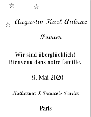 Babyanzeige von Augustin Karl Aubrac Poirier von Nordwest-Zeitung