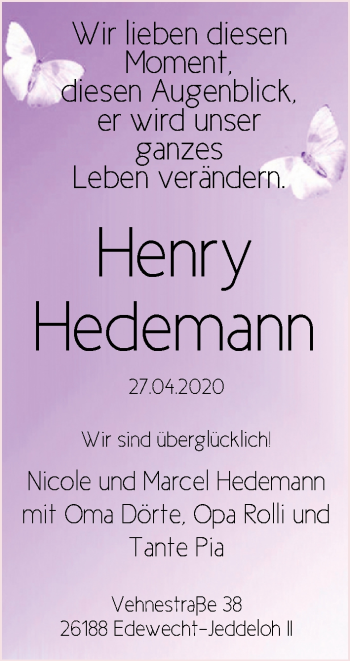 Babyanzeige von Henry Hedemann von Nordwest-Zeitung