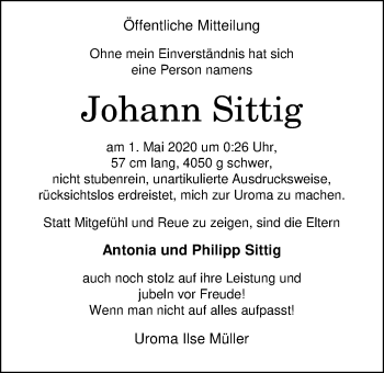 Babyanzeige von Johann Sittig von Nordwest-Zeitung