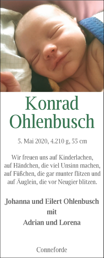 Babyanzeige von Konrad Ohlenbusch von Nordwest-Zeitung